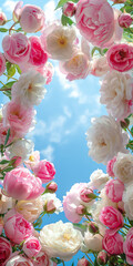 Pink and white roses and peonies framing all corners, roses and peonies facing forward, sky in center, strong depth of field, blue sky