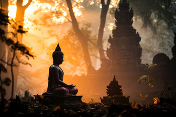 Buddha statue silhouette in the jungle near sunrise, serene orange glow in the morning forest, meditation spirituality reflection Buddhism