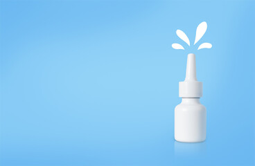 Nasal Spray bottle on blue background. Copy Space. Minimalistic Style. Healthcare and Medicine. Empty Space. Stock photo.