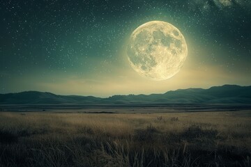 Full moon rising over a field of wheat