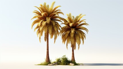Two golden palm trees stand in the middle of a sandy area against a white background