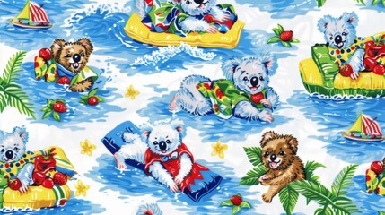   A group of bears aboard a boat, with additional bears on a raft, in the water