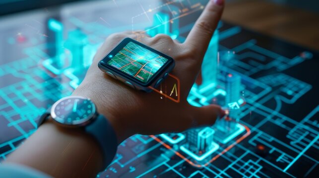 Future Urban Explorer Person Using Smartwatch to Navigate Holographic City Map Technology Navigation Futuristic Concept