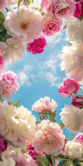 Pink and white roses and peonies framing all corners, roses and peonies facing forward, sky in center, strong depth of field, blue sky