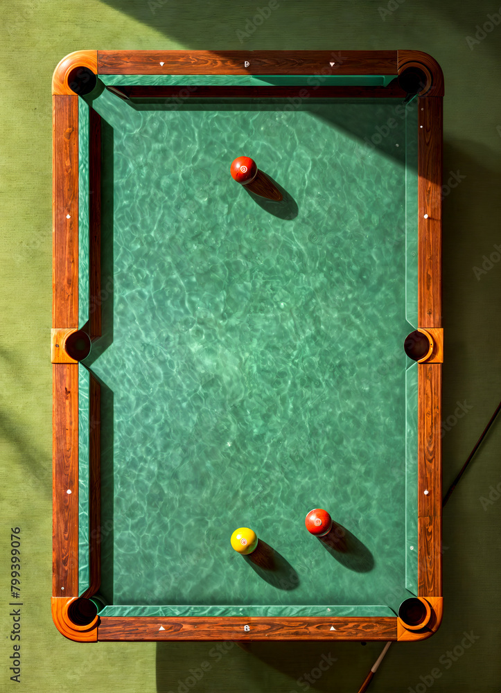 Poster overhead view of pool table with three balls on the pool table.