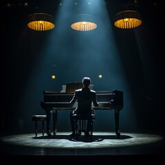 Man playing piano on stage with spotlights