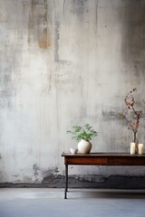 A simple and elegant still life with a vase of greenery on a wooden table against a textured concrete wall background