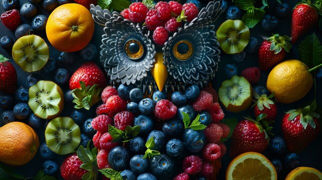 An owl made of fruits and vegetables