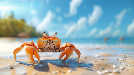 Cartoon crab on the tropical beach background