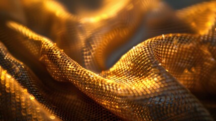 Macro shot of undulating textile fibers in teal and orange, resembling waves, highlighting texture, depth, and the interplay of color and light.