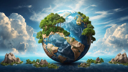 Green planet with lush forests and rugged mountains moves between clouds in clear blue sky. Concept Earth Day environment
