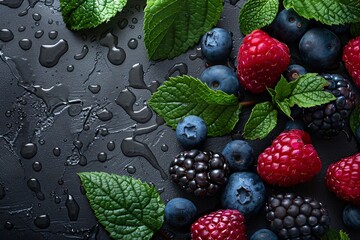 Various fresh berries with water droplets on a dark surface, accompanied by vibrant green leaves. - obrazy, fototapety, plakaty