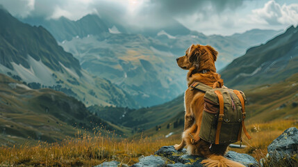 Brown dog with a backpack on the background of mountains