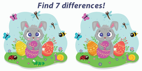 Cute Easter bunny with eggs. Spot the Differences, an educational game for kids. The game "Spot the differences" with the Easter bunny. An educational game for children. Vector illustration.
