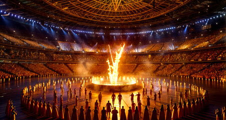 Large group of people standing around fire pit in large stadium.