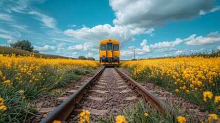 Yellow train passing through a field of yellow flowers