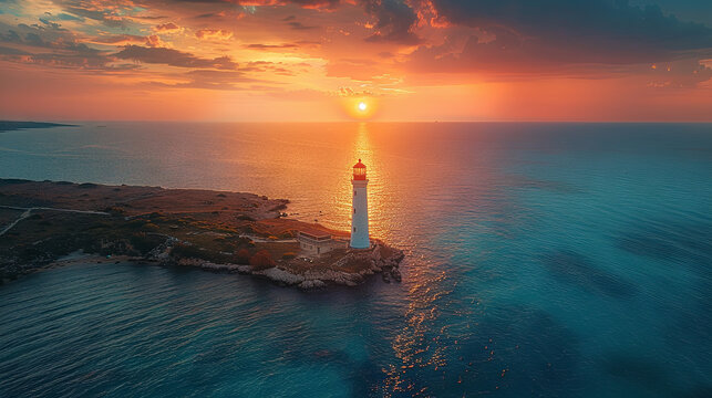 aerial view of lighthouse at sunset
