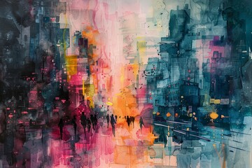 Abstract Watercolor Painting of City Life