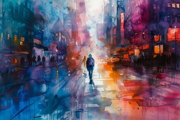 Abstract Watercolor Painting of City Life