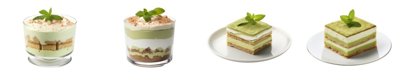 Collection of Green Tea Tiramisu isolated on transparent png background. Generative ai