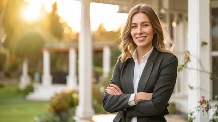 Fototapeta premium Professional real estate agent smiling confidently outside a property