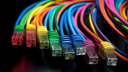 Colorful network cables on black background, close-up shot.
