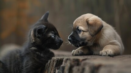   A puppy and a cat sit on a tree stump, facing each other in the photo