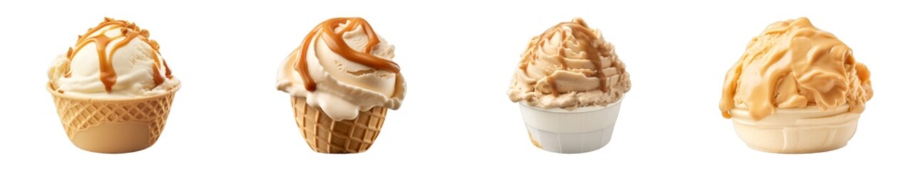 Collection of Dulce De Leche ice cream isolated on transparent png background. Generative ai