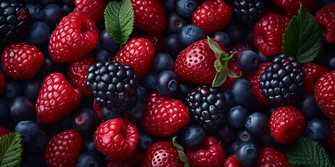 A vibrant display of assorted berries, including strawberries, blackberries, raspberries, and blueberries, with scattered fresh mint leaves.