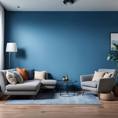  a living room with a blue wall and a couch and a lamp.
