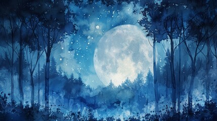 Watercolor Illustration of a Magical Forest at Night