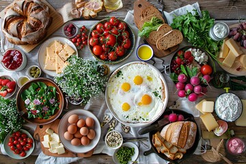 Lavish brunch spread featuring a variety of dishes including pastries, cheeses, and eggs on a rustic wooden table.