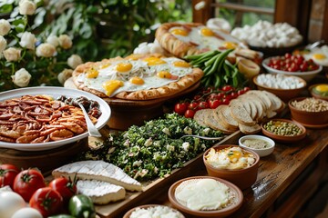 Elaborate brunch spread featuring diverse dishes including eggs, pastries, salads, and fresh vegetables on a rustic wooden table.