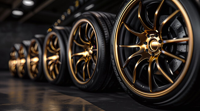 A row of black and gold wheels with new tires is displayed against a dark background, symbolizing quality sports car maintenance.