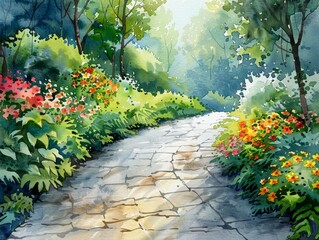Watercolor Illustration of a Peaceful Garden Path