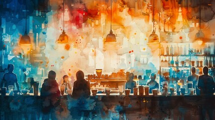 Busy Coffee Shop Watercolor Painting