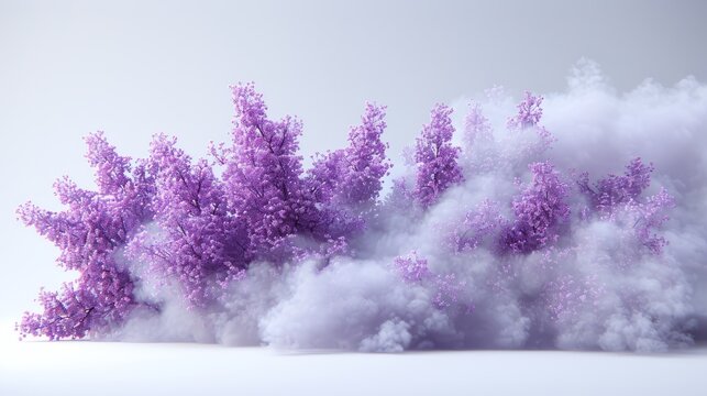   A cluster of purplish trees exhaling smoke from their crowns in picture's heart