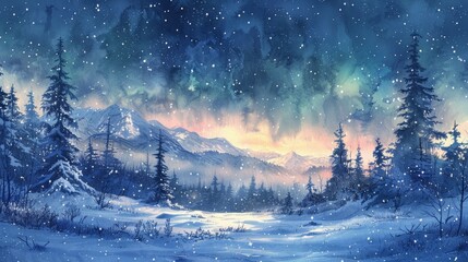 Watercolor Winter Wonderland with Aurora