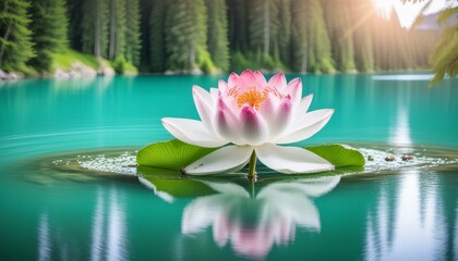 Describe a scene of spiritual beauty where a pink and white lotus rises majestically from radiant...