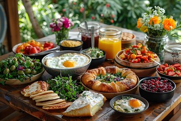 A lavish brunch spread featuring a variety of dishes including eggs, pastries, pancakes, and fresh berries on a wooden table.