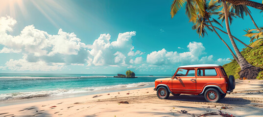 Cute red vintage car on the tropical beach background, travel concept, summer time, holiday and vacation, relaxation