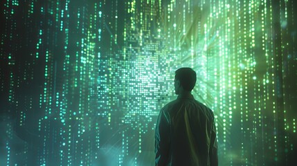 Digital Security Expert Analyzing Futuristic Holographic Encryption Technology Data Protection and Cybersecurity Concept
