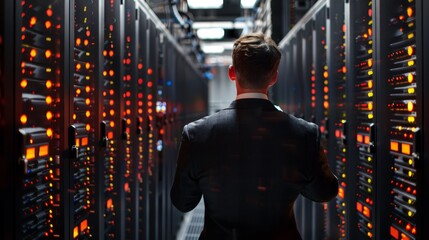 Digital Security Expert Analyzing Futuristic Holographic Encryption Technology Data Protection and Cybersecurity Concept