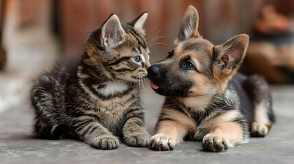   A kitten and a dog lie on the ground with their paws touching, gazing into each other's eyes