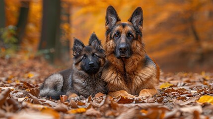   A couple of dogs resting beside each other atop a heap of leaves on the forest floor