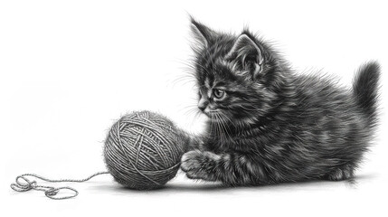   Black and white illustration of a cat playing with a yarn ball and a yarn ball on the ground