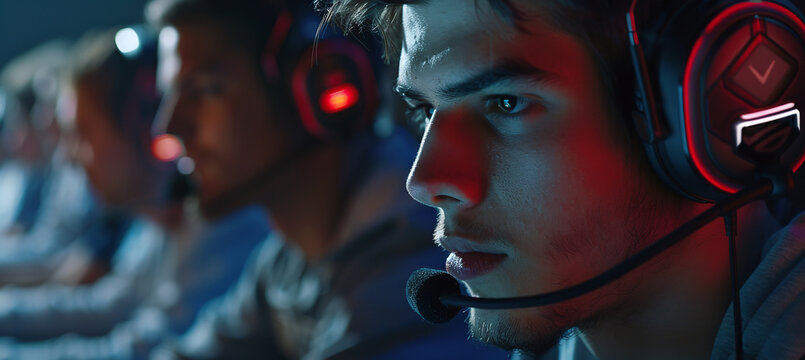 an adult gamer in a headset plays a computer video game in a computer club at a team eSports tournament