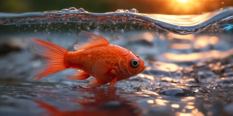 goldfish jumping out of the water, leaving behind droplets behind - obrazy, fototapety, plakaty