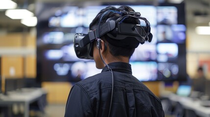 Immersive Learning Student Engaged in Virtual Reality Education Back View of Student Using VR Technology for Educational Experience No Face People