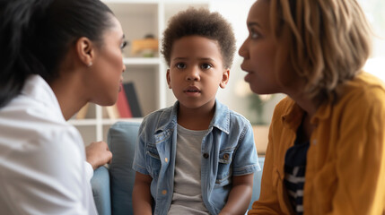 Female pediatrician talks to black little boy who is sitting on mother's lap at clinic.